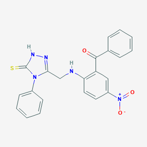 molecular formula C22H17N5O3S B008518 Methanone, (2-(((4,5-dihydro-4-phenyl-5-thioxo-1H-1,2,4-triazol-3-yl)methyl)amino)-5-nitrophenyl)phenyl- CAS No. 111070-79-2