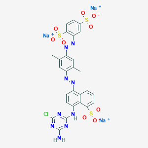 molecular formula C27H19ClN9Na3O9S3 B085360 1,4-Benzenedisulfonic acid, 2-(2-(4-(2-(4-((4-amino-6-chloro-1,3,5-triazin-2-yl)amino)-5-sulfo-1-naphthalenyl)diazenyl)-2,5-dimethylphenyl)diazenyl)-, sodium salt (1:3) CAS No. 12270-76-7