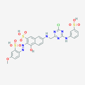 molecular formula C27H22ClN7O11S3 B085725 7-((4-Chloro-6-((3-sulphophenyl)amino)-1,3,5-triazin-2-yl)methylamino)-4-hydroxy-3-((4-methoxy-2-sulphophenyl)azo)naphthalene-2-sulphonic acid CAS No. 14408-23-2