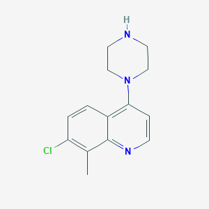 molecular formula C14H16ClN3 B8573033 7-Chloro-8-methyl-4-(piperazin-1-yl)quinoline 