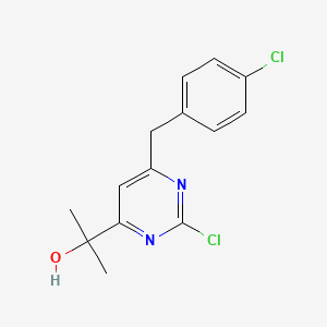molecular formula C14H14Cl2N2O B8657095 2-[2-chloro-6-[(4-chlorophenyl)methyl]pyrimidin-4-yl]propan-2-ol 