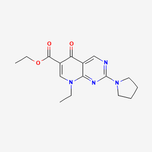 molecular formula C16H20N4O3 B8660802 Ethyl 8-ethyl-5,8-dihydro-5-oxo-2-(pyrrolidinyl)pyrido(2,3-d)pyrimidine-6-carboxylate CAS No. 33836-43-0
