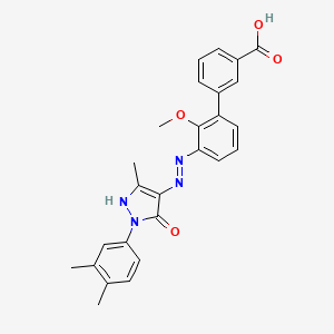 (E)-3'-(2-(1-(3,4-dimethylphenyl)-3-methyl-5-oxo-1,5-dihydro-4H-pyrazol-4-ylidene)hydrazinyl)-2'-methoxy-[1,1'-biphenyl]-3-carboxylic acid