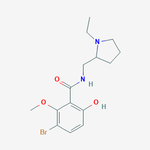 molecular formula C15H21BrN2O3 B008690 Benzamide, 3-bromo-N-((1-ethyl-2-pyrrolidinyl)methyl)-6-hydroxy-2-methoxy- CAS No. 107188-90-9