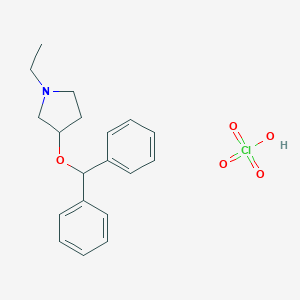 molecular formula C19H24ClNO5 B008738 Pyrrolidine, 3-(diphenylmethoxy)-1-ethyl-, perchlorate CAS No. 102584-45-2