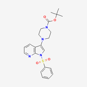 molecular formula C22H26N4O4S B8747603 1-Piperazinecarboxylic acid, 4-[1-(phenylsulfonyl)-1H-pyrrolo[2,3-b]pyridin-3-yl]-, 1,1-dimethylethyl ester 