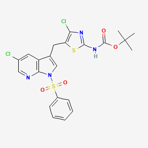 molecular formula C22H20Cl2N4O4S2 B8785036 Carbamic acid, N-[4-chloro-5-[[5-chloro-1-(phenylsulfonyl)-1H-pyrrolo[2,3-b]pyridin-3-yl]methyl]-2-thiazolyl]-, 1,1-dimethylethyl ester 