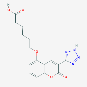 molecular formula C16H16N4O5 B008794 Hexanoic acid, 6-((2-oxo-3-(1H-tetrazol-5-yl)-2H-1-benzopyran-5-yl)oxy)- CAS No. 103876-54-6