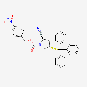 molecular formula C32H27N3O4S B8800682 1-Pyrrolidinecarboxylic acid, 2-cyano-4-[(triphenylmethyl)thio]-, (4-nitrophenyl)methyl ester, (2S-cis)- (9CI) CAS No. 117336-53-5