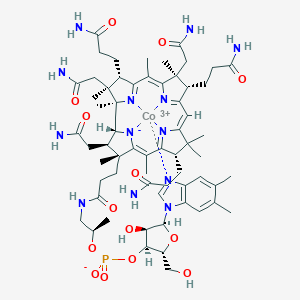 molecular formula C62H88CoN13O14P+ B088609 cobalt(3+);[5-(5,6-dimethylbenzimidazol-1-yl)-4-hydroxy-2-(hydroxymethyl)oxolan-3-yl] 1-[3-[(4Z,9Z,14Z)-2,13,18-tris(2-amino-2-oxoethyl)-7,12,17-tris(3-amino-3-oxopropyl)-3,5,8,8,13,15,18,19-octamethyl-2,7,12,17-tetrahydro-1H-corrin-21-id-3-yl]propanoylamino]propan-2-yl phosphate CAS No. 13408-78-1