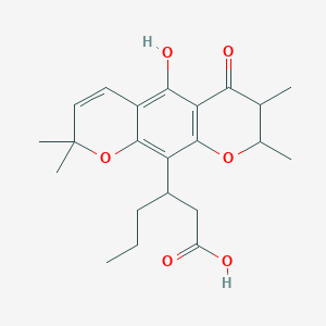 molecular formula C22H28O6 B094809 3-(5-Hydroxy-2,2,7,8-tetramethyl-6-oxo-7,8-dihydropyrano[3,2-g]chromen-10-yl)hexanoic acid CAS No. 18196-05-9