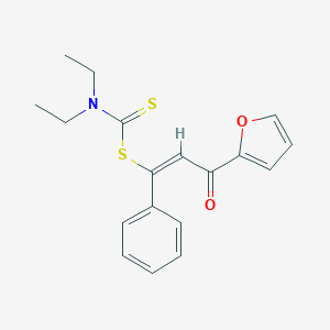 molecular formula C18H19NO2S2 B009987 N,N-diethyl-1-[(E)-3-(2-furyl)-3-oxo-1-phenyl-prop-1-enyl]sulfanyl-met hanethioamide CAS No. 106128-43-2